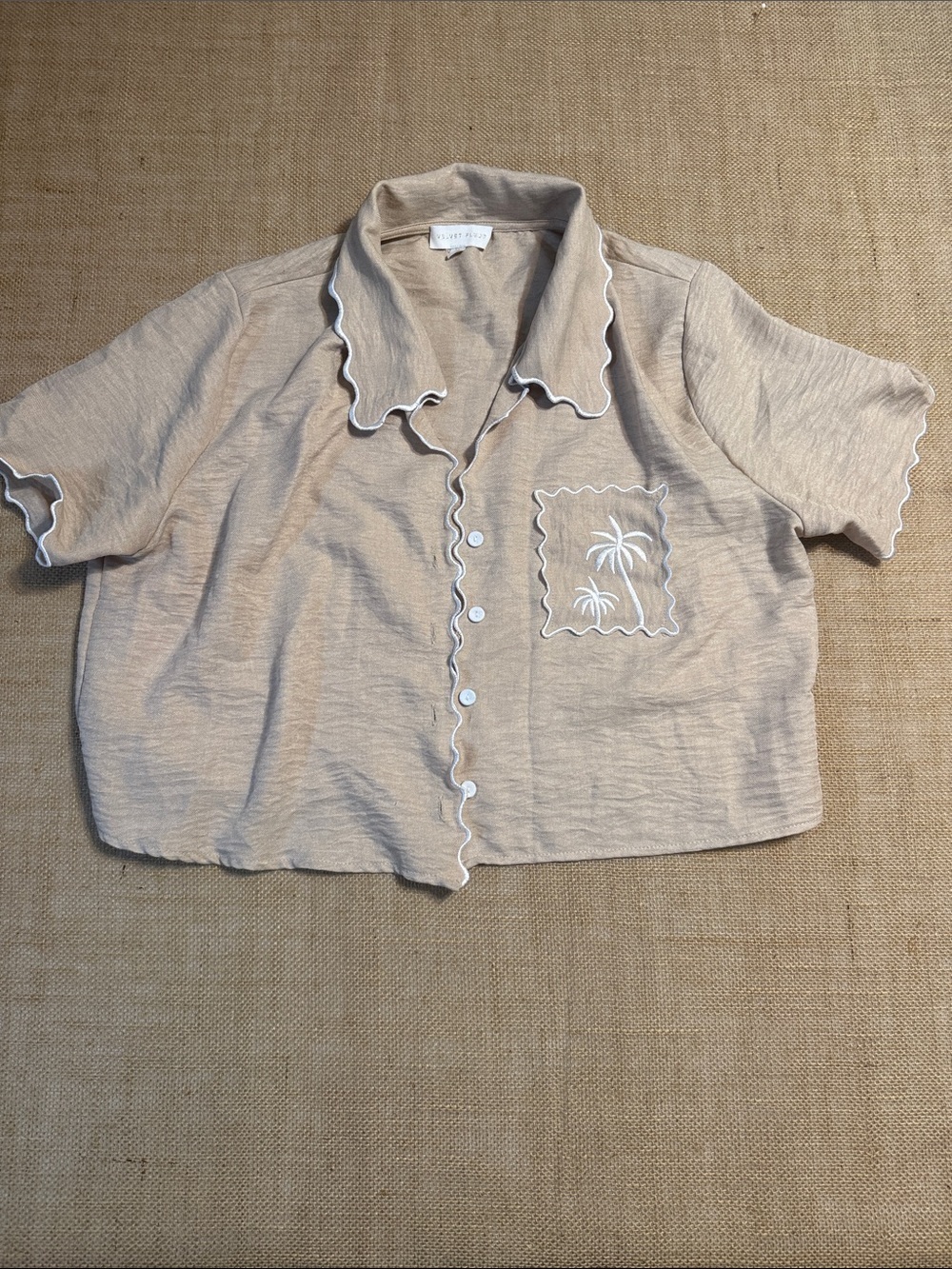 Neutral Tan Scalloped Palm Pocket Button-Front Crop Shirt -